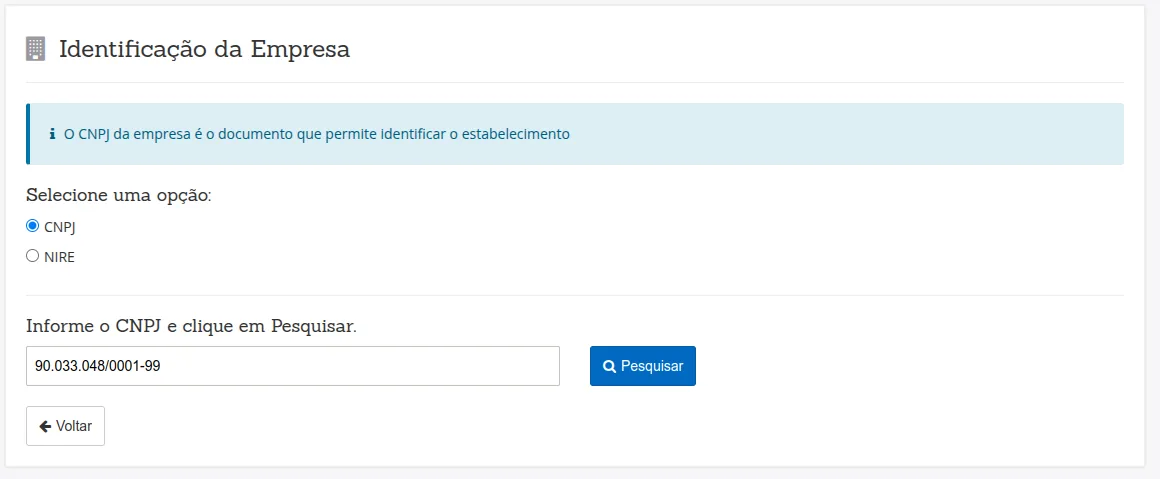 Selecione CNPJ, informe o número e pesquise.
