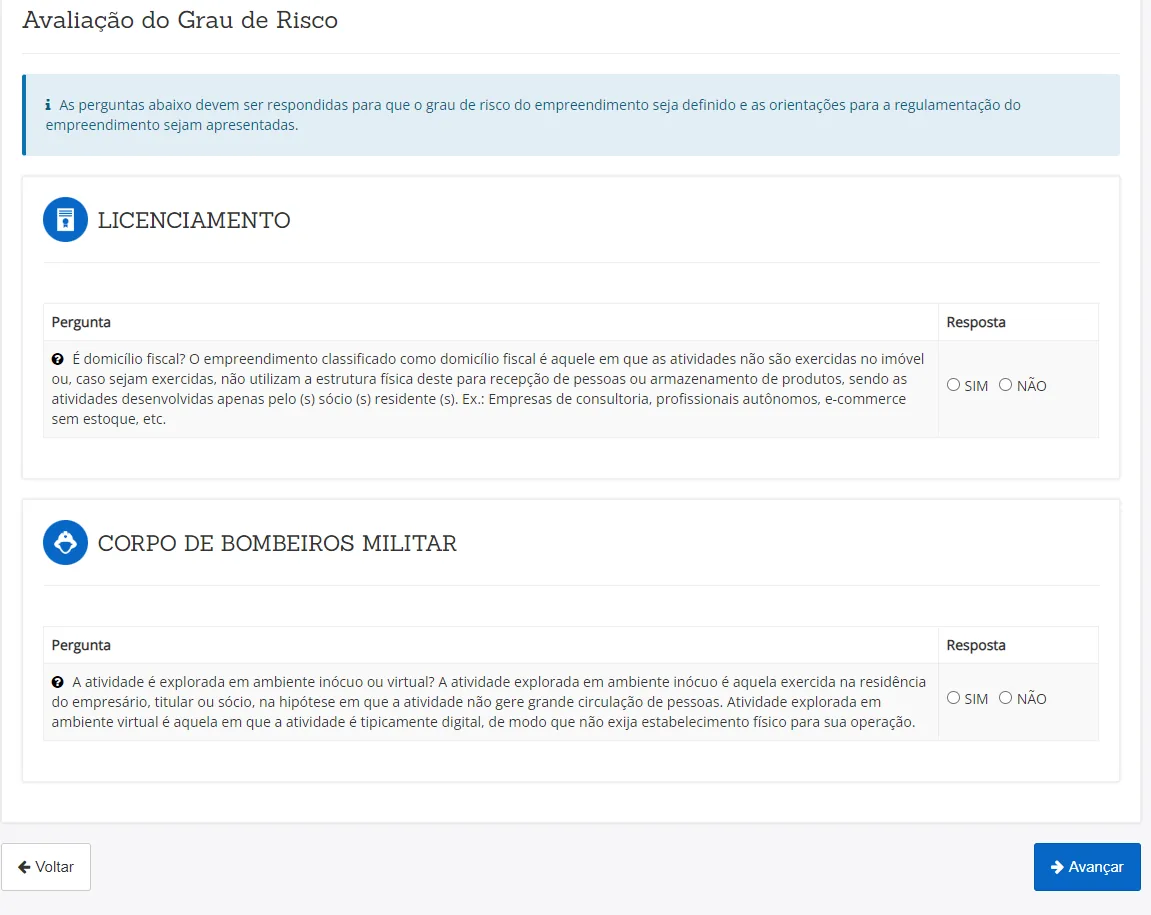 Avaliação do grau de risco: responda Sim ou Não.