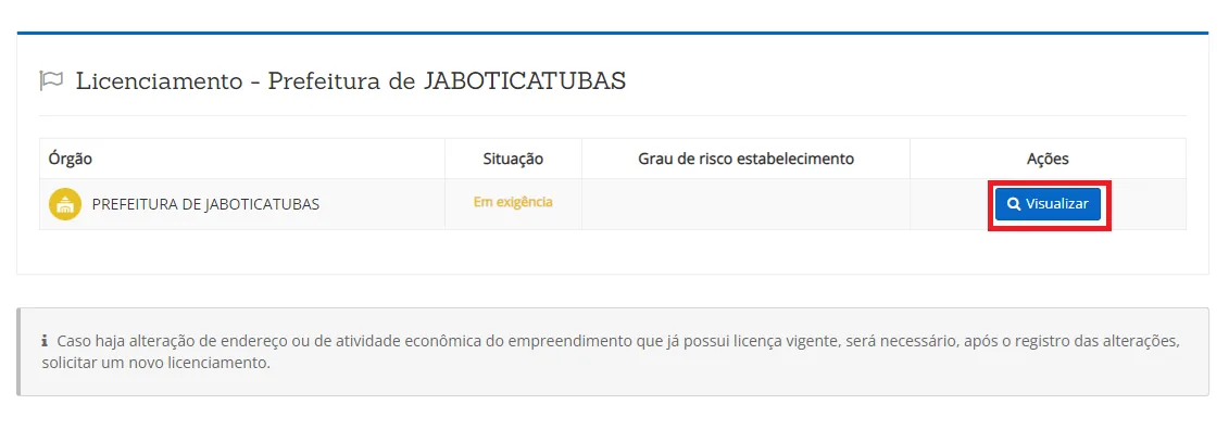 A Prefeitura aparece Em exigência. Clique em Visualizar.
