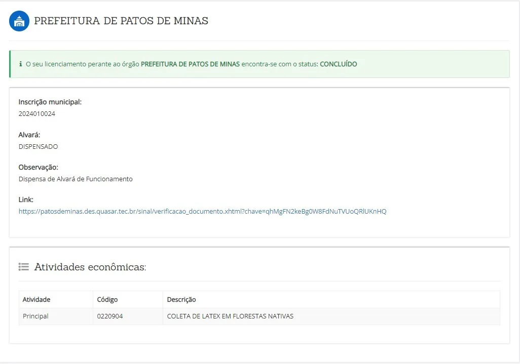 Licença consultada no Portal de Serviços.