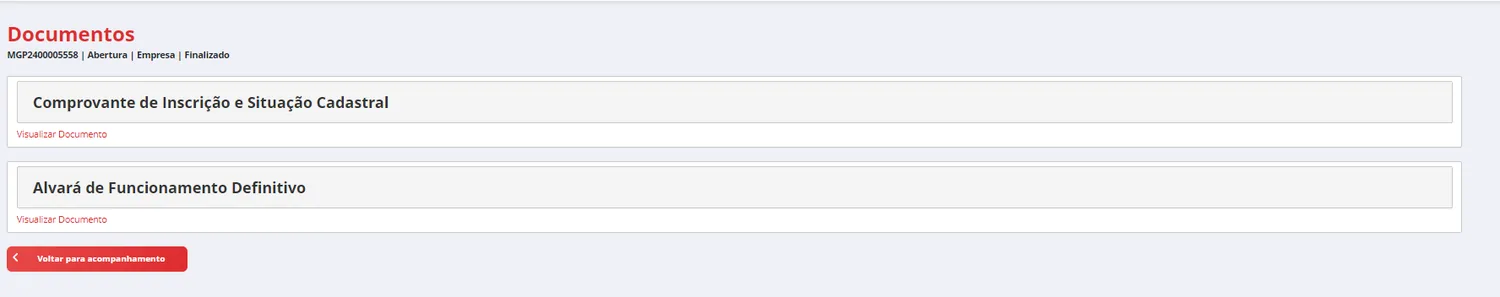 Documentos finais: comprovante de inscrição e alvará definitivo.
