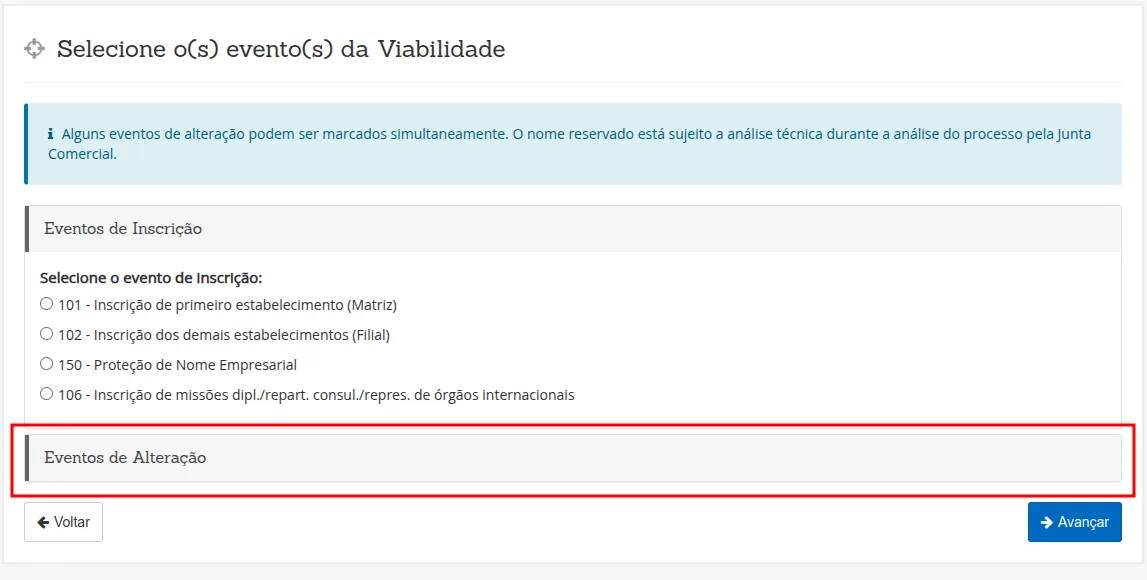 Escolha o evento: inscrição (empresa nova) ou alteração.