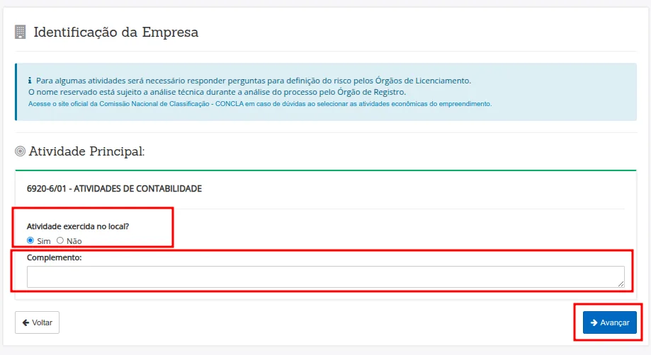 Atividade principal e se ela é exercida no local.