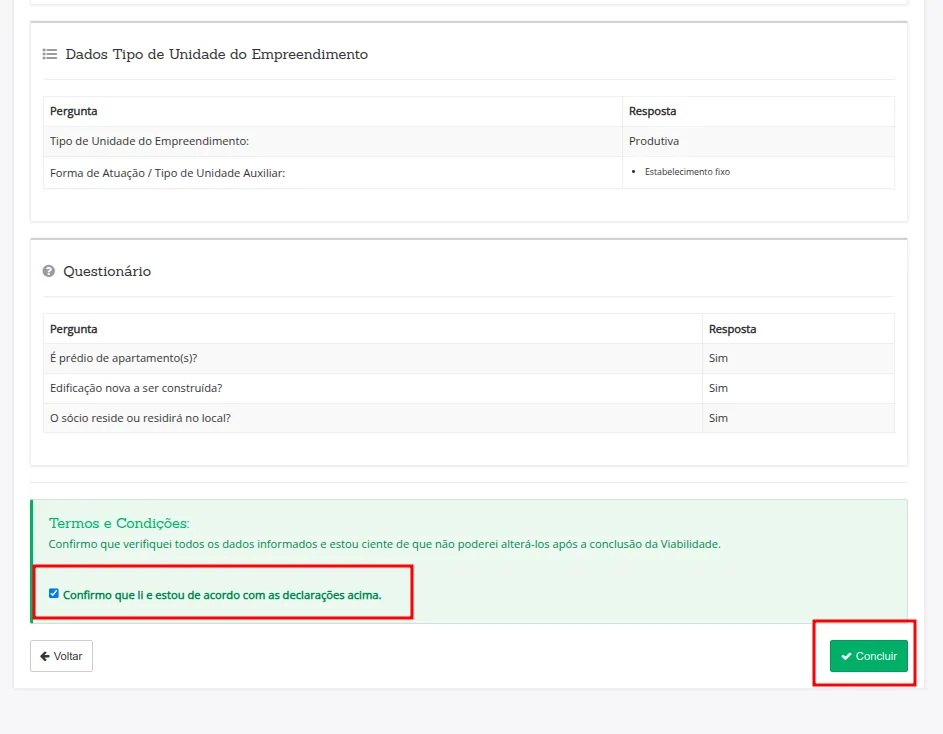 Revise, marque a declaração e clique em Concluir.